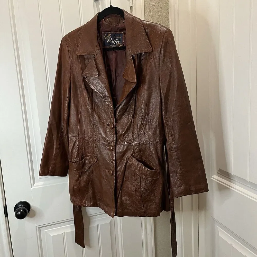 Women's Breton Brown Genuine Leather Western Button Belted Jacket Size L Boho